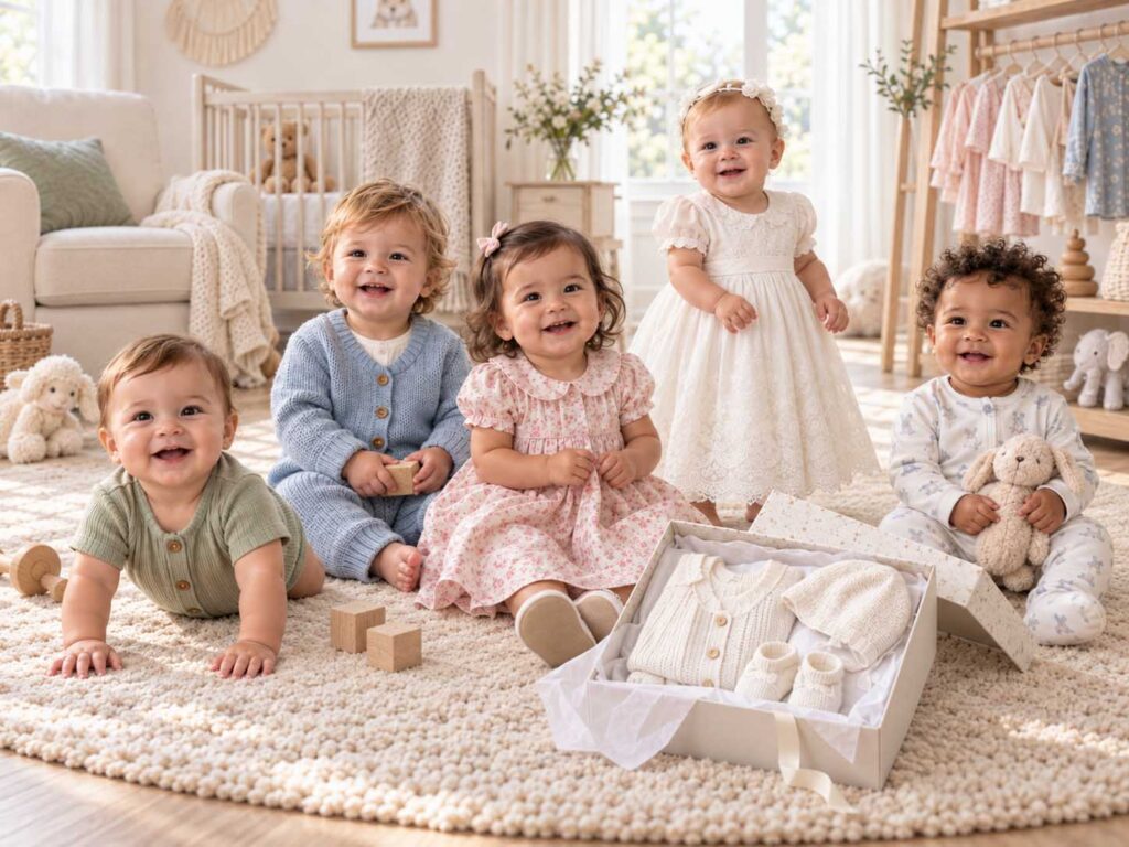 Baby models wearing rompers, knitwear, dresses and sleepwear indoors