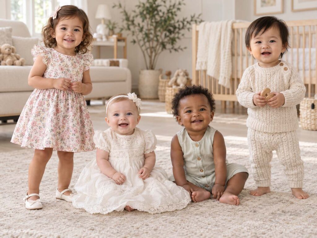 Babies wearing dresses, a romper and a knitted clothing set