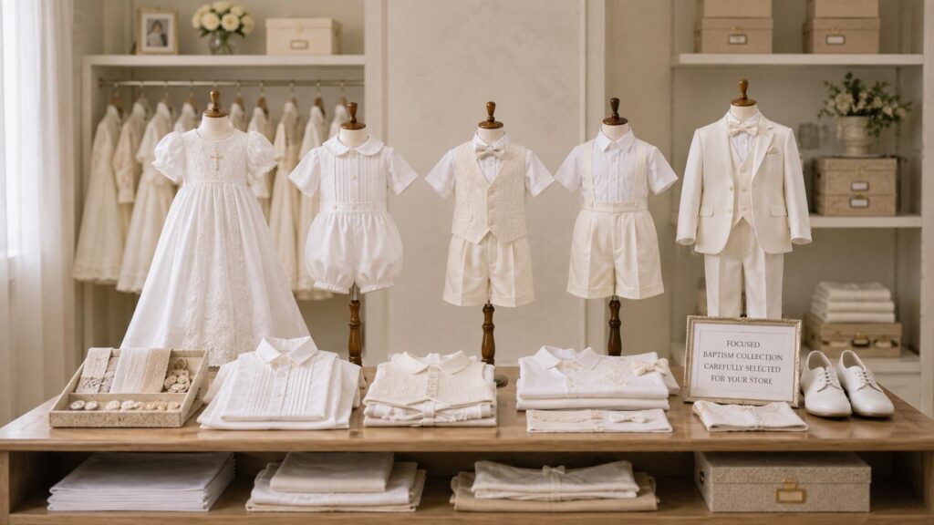 Wholesale boys' baptism collection with gowns, rompers, waistcoat sets and suits