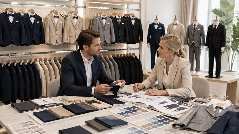 Wholesale buyer comparing two-piece and three-piece boys’ suit collections