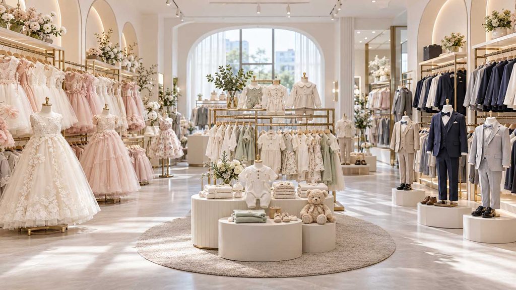 Wholesale children's clothing collections featuring girls' occasion dresses, boys' suits, and babywear.