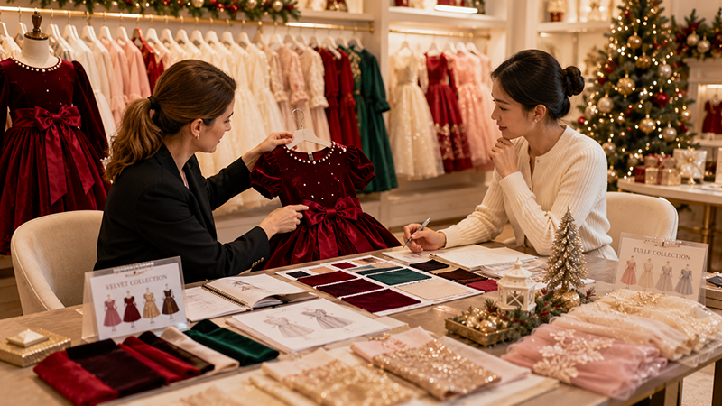 Wholesale buyer selecting velvet and tulle Christmas dress collections.
