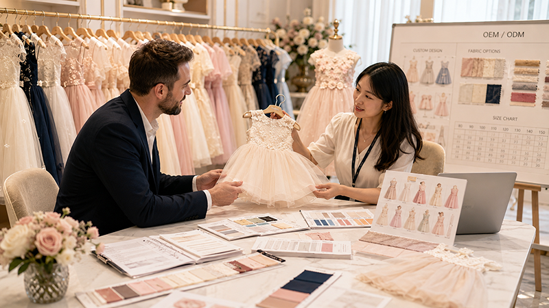 Wholesale buyer reviewing flower girl dress collections with fabric swatches and product samples in a professional childrenswear showroom.
