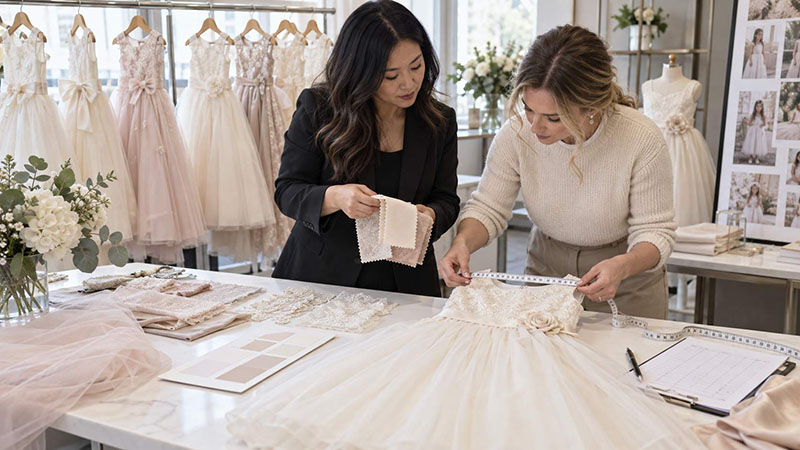 Wholesale buyer and product developer reviewing flower girl dress samples, fabric colors and measurements