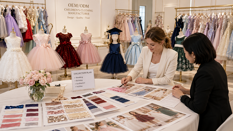 Wholesale planning for girls' formal dress collections covering weddings, birthdays, graduations and holiday events.