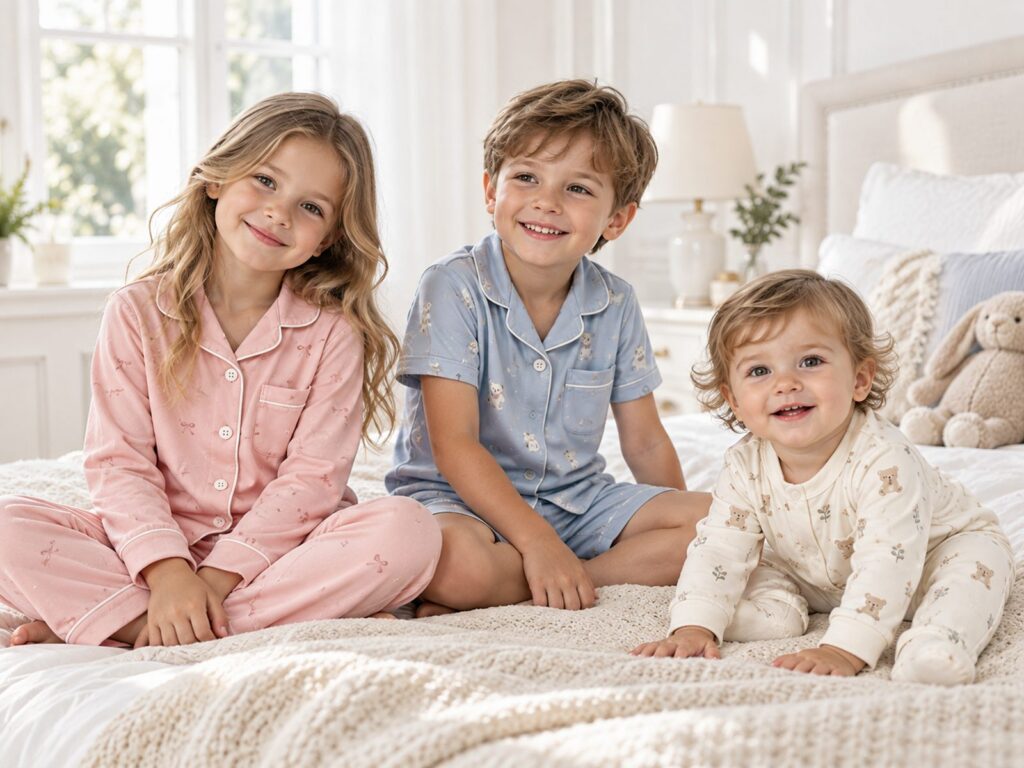 Children wearing kids’ pajamas and sleepwear in a bedroom setting
