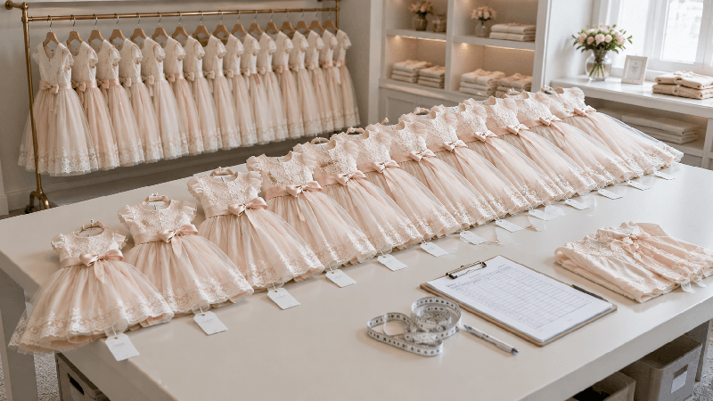 Graduated girls’ dresses arranged by size to show a practical wholesale kidswear size mix