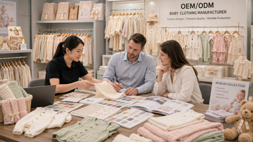 Wholesale buyer discussing OEM muslin baby clothing collections in childrenswear showroom
