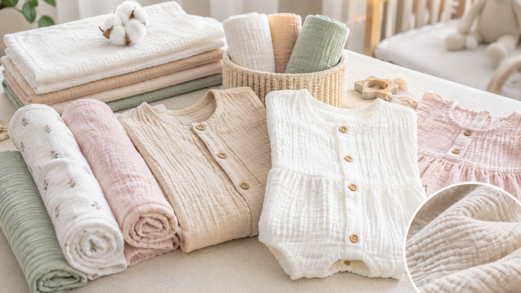 Soft cotton muslin baby clothes including swaddles rompers and baby dresses